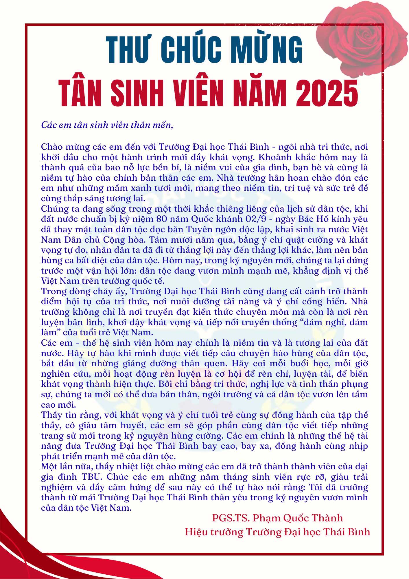 THƯ CHÚC MỪNG TÂN SINH VIÊN NĂM 2025 – HÀNH TRÌNH TRI THỨC MỚI BẮT ĐẦU